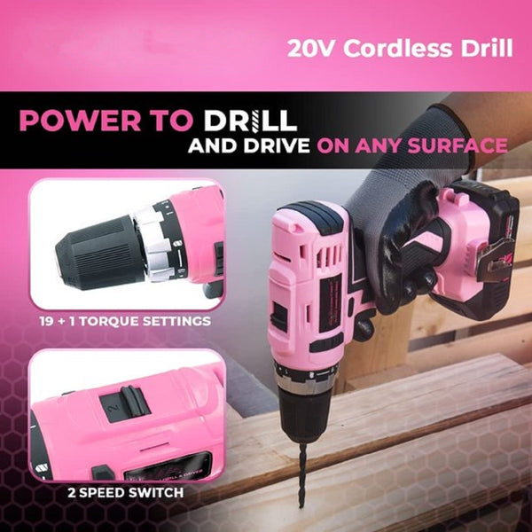 Pink 20V Cordless Drill Driver Tool Kit